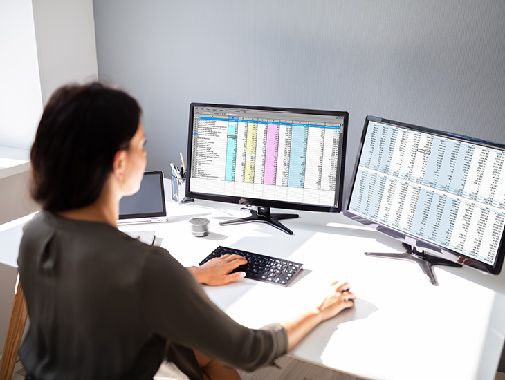 Woman works on computer spreadsheets.